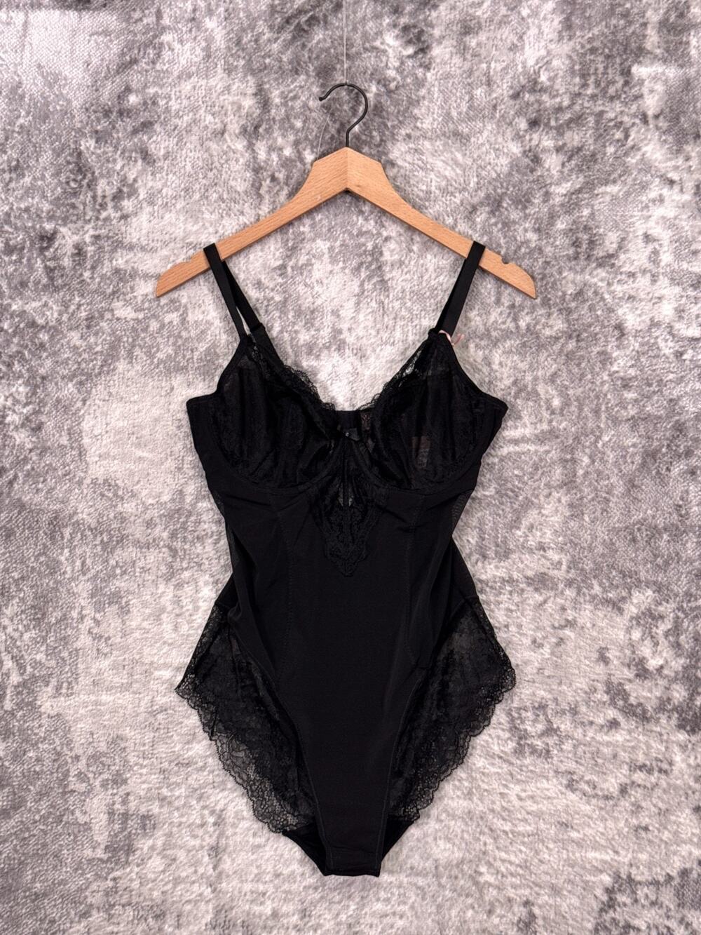 New Panache Ana Bodysuit 36E Womens Black Lingerie Lace Trim